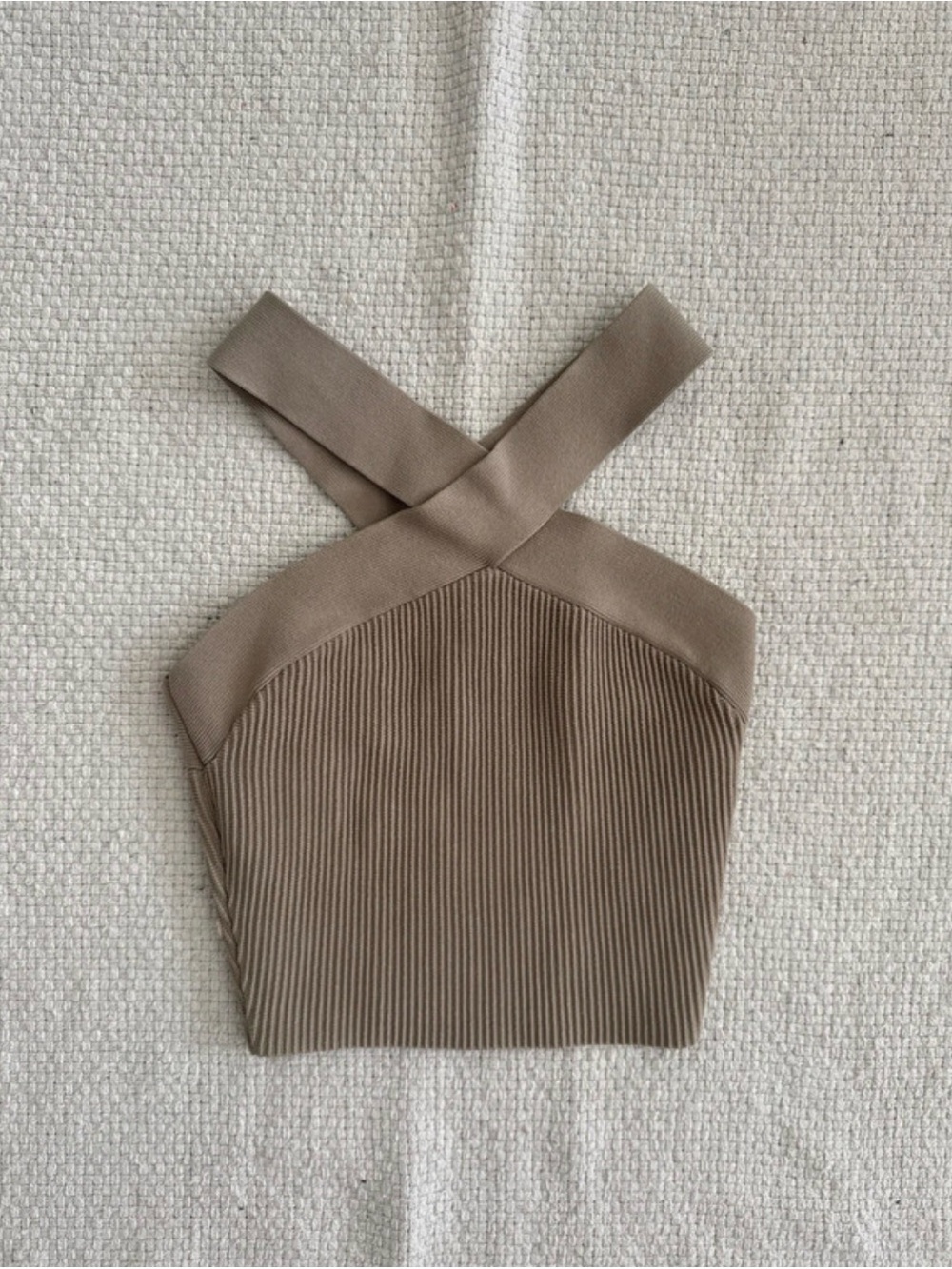 Babaton Taupe Cross-Front Ribbed Crop Top